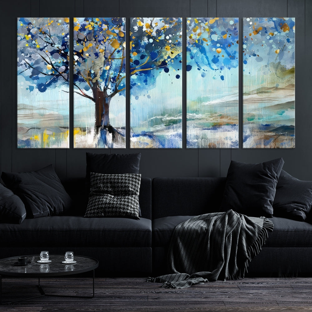 Abstract Blue Tree Painting Wall Art Canvas Print Framed Set of Wall Decor