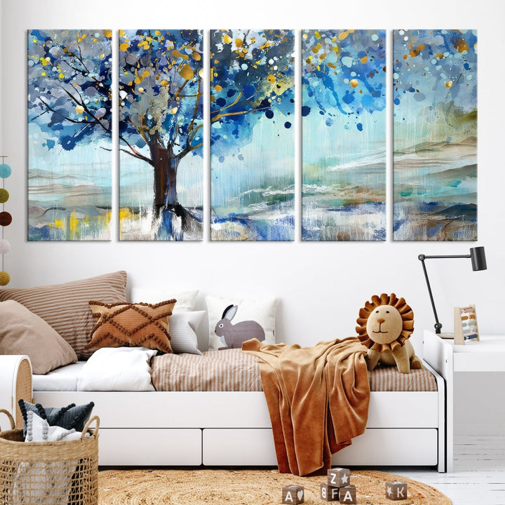 Abstract Blue Tree Painting Wall Art Canvas Print Framed Set of Wall Decor