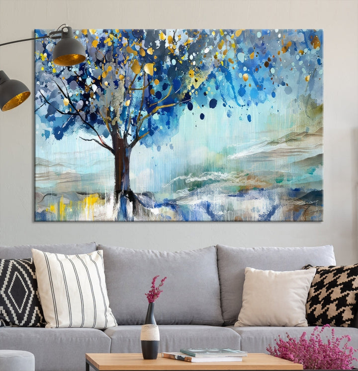 Abstract Blue Tree Painting Wall Art Canvas Print Framed Set of Wall Decor