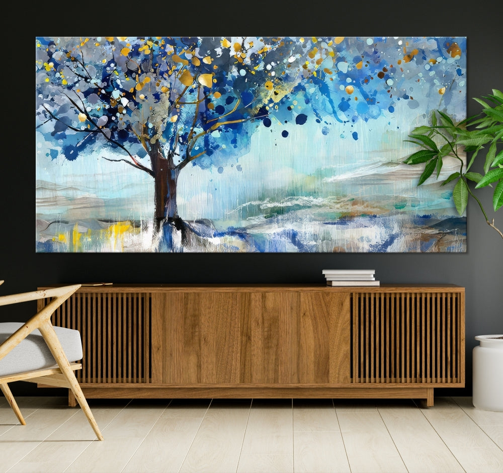 Abstract Blue Tree Painting Wall Art Canvas Print Framed Set of Wall Decor