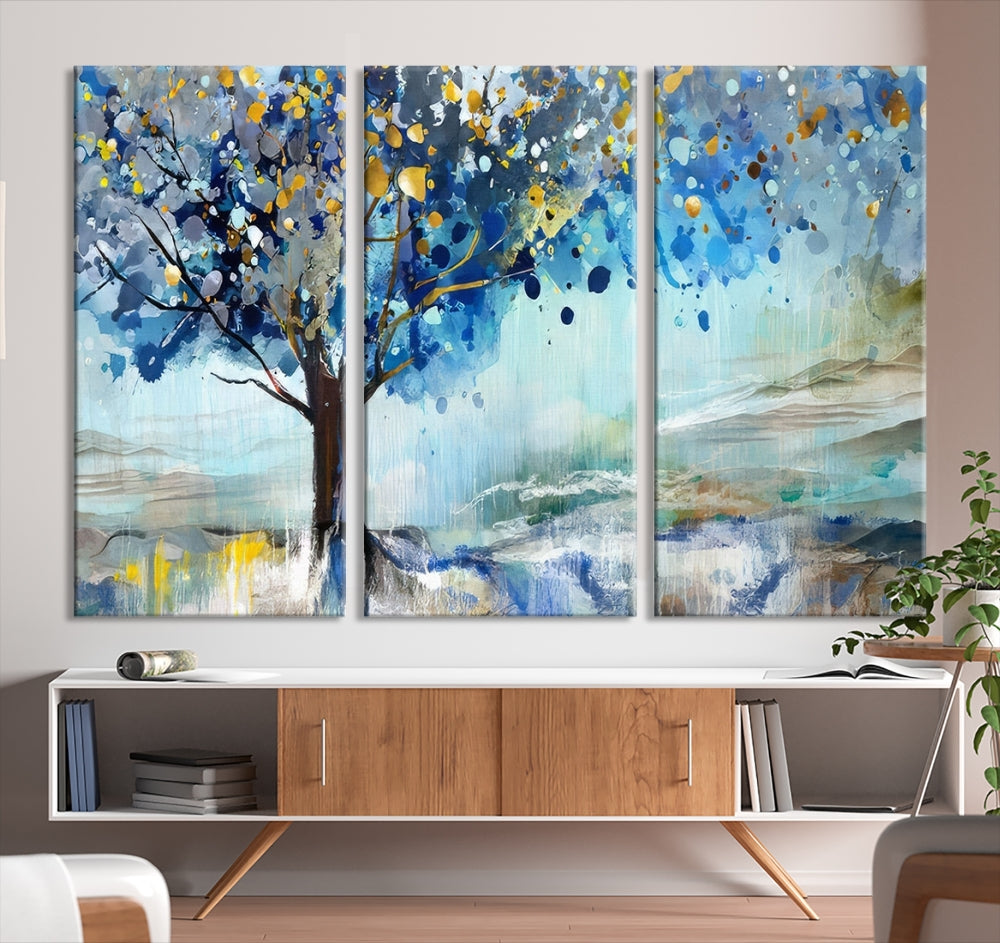 Abstract Blue Tree Painting Wall Art Canvas Print Framed Set of Wall Decor