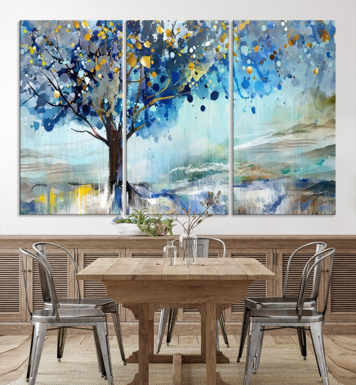 Abstract Blue Tree Painting Wall Art Canvas Print Framed Set of Wall Decor