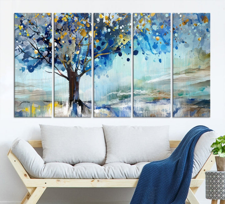 Abstract Blue Tree Painting Wall Art Canvas Print Framed Set of Wall Decor