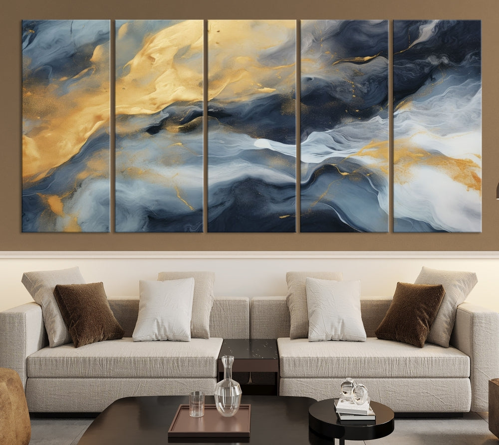 Abstract Canvas Wall Art, Marble Print, Gold Blue Wall Decor, Modern Painting, Set of Printed