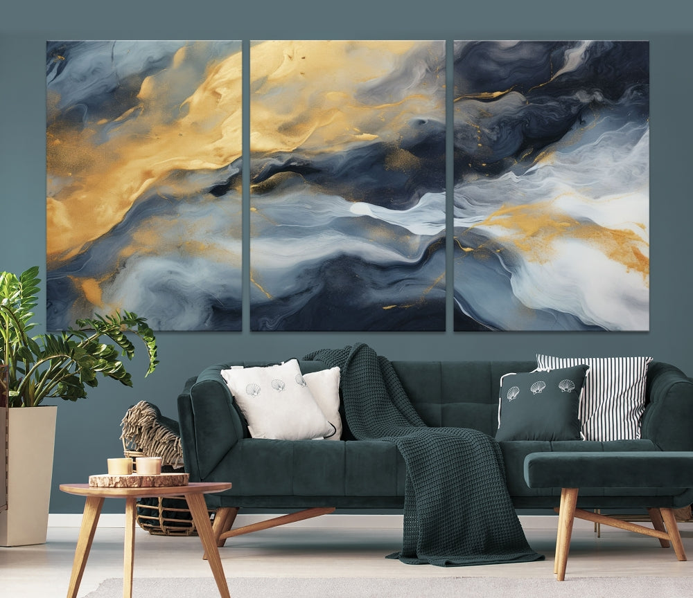 Abstract Canvas Wall Art, Marble Print, Gold Blue Wall Decor, Modern Painting, Set of Printed