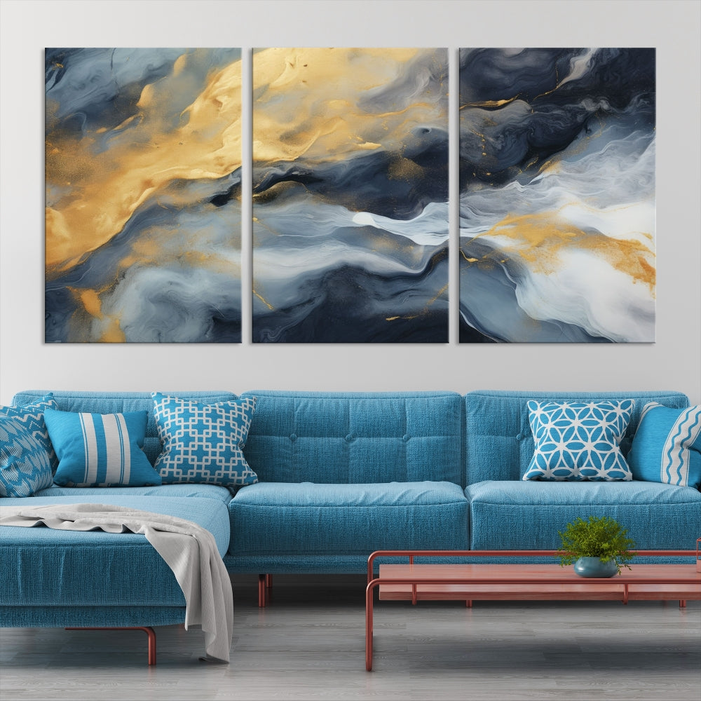 Abstract Canvas Wall Art, Marble Print, Gold Blue Wall Decor, Modern Painting, Set of Printed