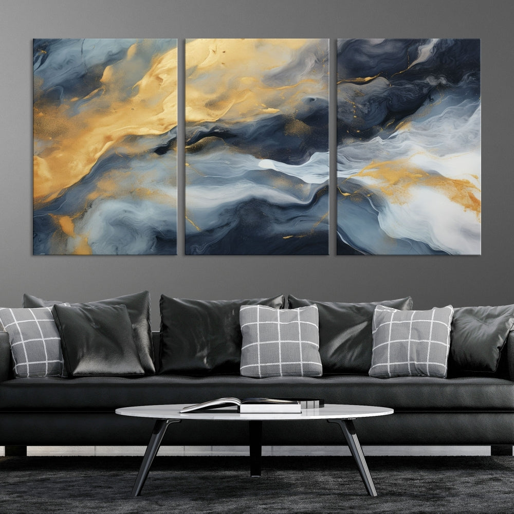 Abstract Canvas Wall Art, Marble Print, Gold Blue Wall Decor, Modern Painting, Set of Printed