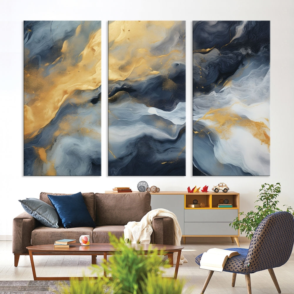 Abstract Canvas Wall Art, Marble Print, Gold Blue Wall Decor, Modern Painting, Set of Printed