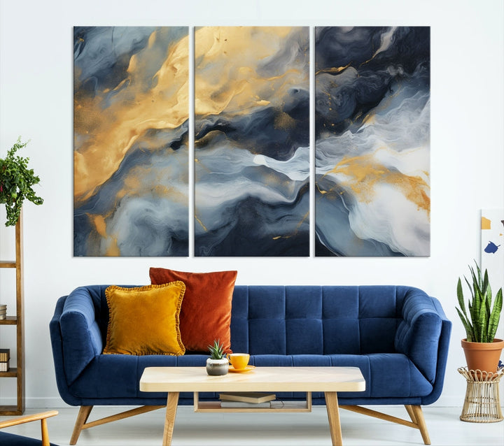 Abstract Canvas Wall Art, Marble Print, Gold Blue Wall Decor, Modern Painting, Set of Printed