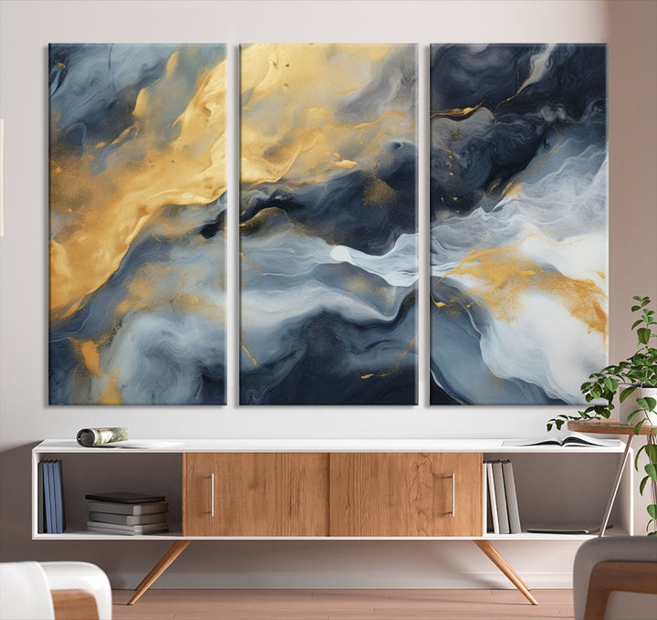 Abstract Canvas Wall Art, Marble Print, Gold Blue Wall Decor, Modern Painting, Set of Printed