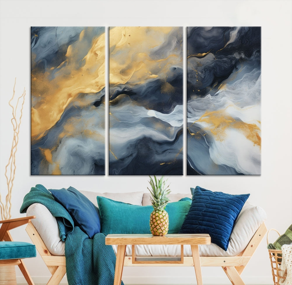 Abstract Canvas Wall Art, Marble Print, Gold Blue Wall Decor, Modern Painting, Set of Printed