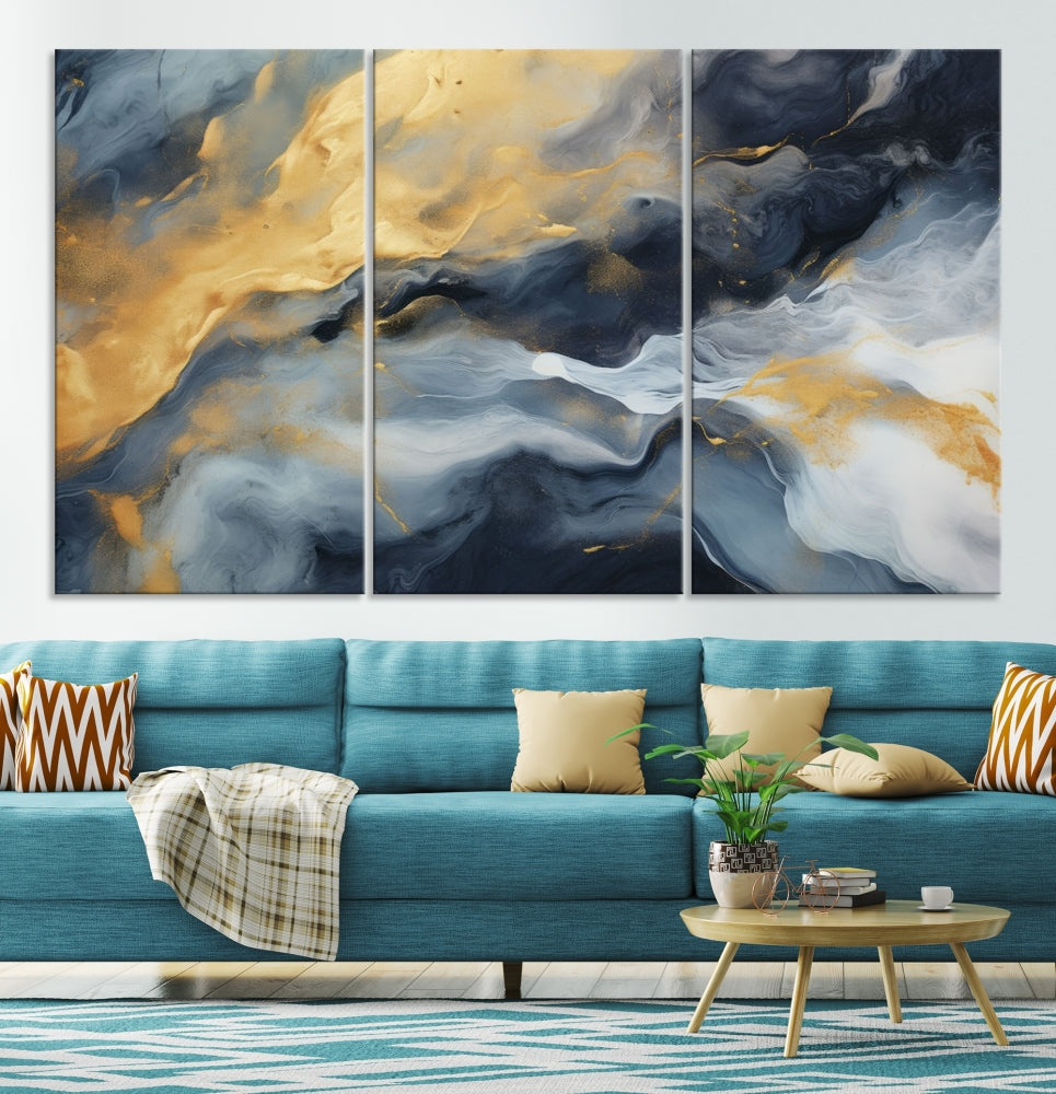 Abstract Canvas Wall Art, Marble Print, Gold Blue Wall Decor, Modern Painting, Set of Printed