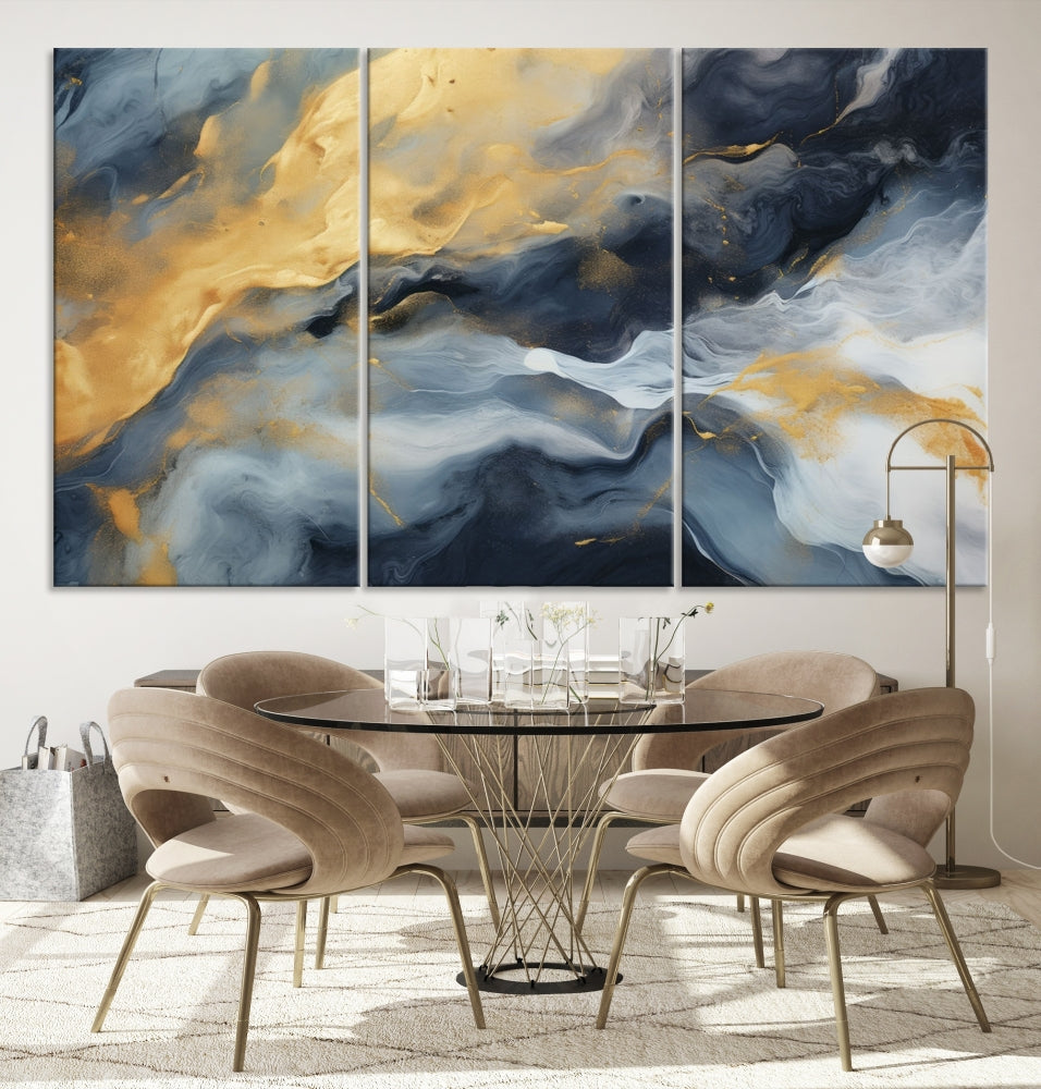 Abstract Canvas Wall Art, Marble Print, Gold Blue Wall Decor, Modern Painting, Set of Printed