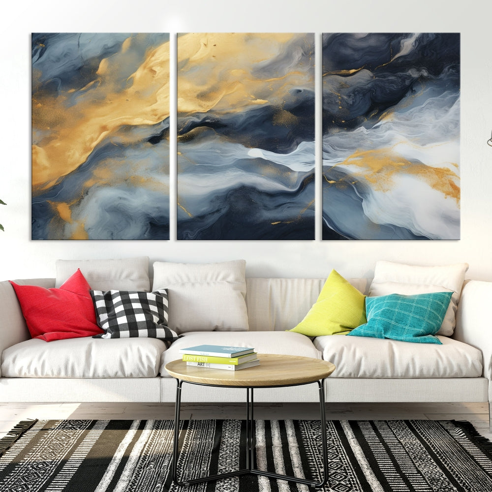 Abstract Canvas Wall Art, Marble Print, Gold Blue Wall Decor, Modern Painting, Set of Printed