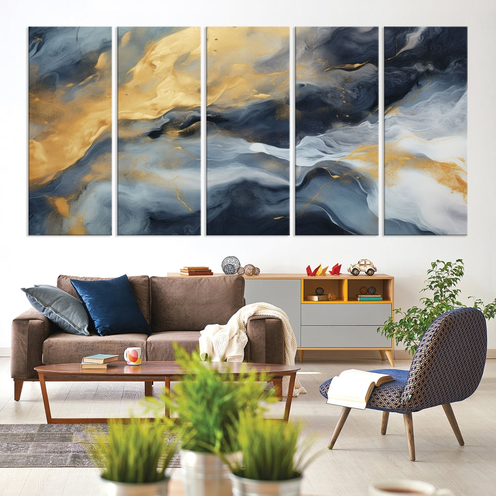 Abstract Canvas Wall Art, Marble Print, Gold Blue Wall Decor, Modern Painting, Set of Printed