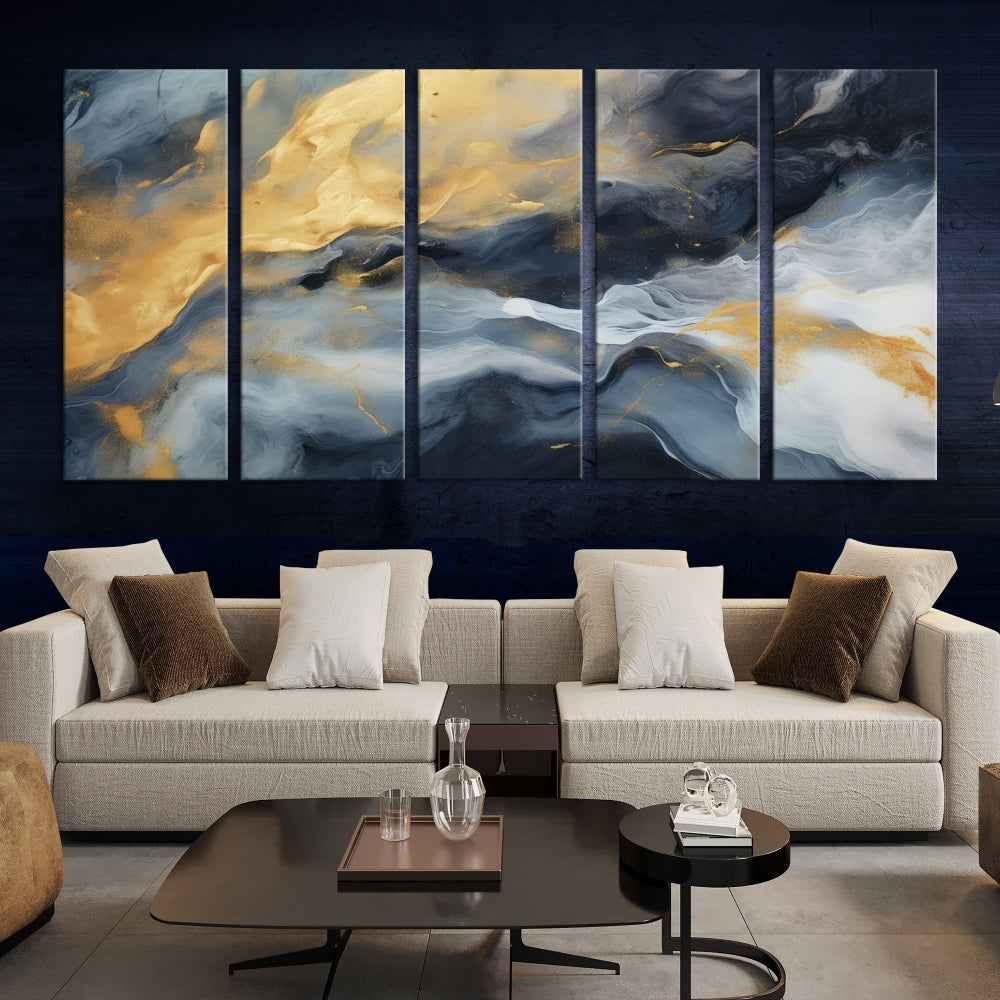 Abstract Canvas Wall Art, Marble Print, Gold Blue Wall Decor, Modern Painting, Set of Printed