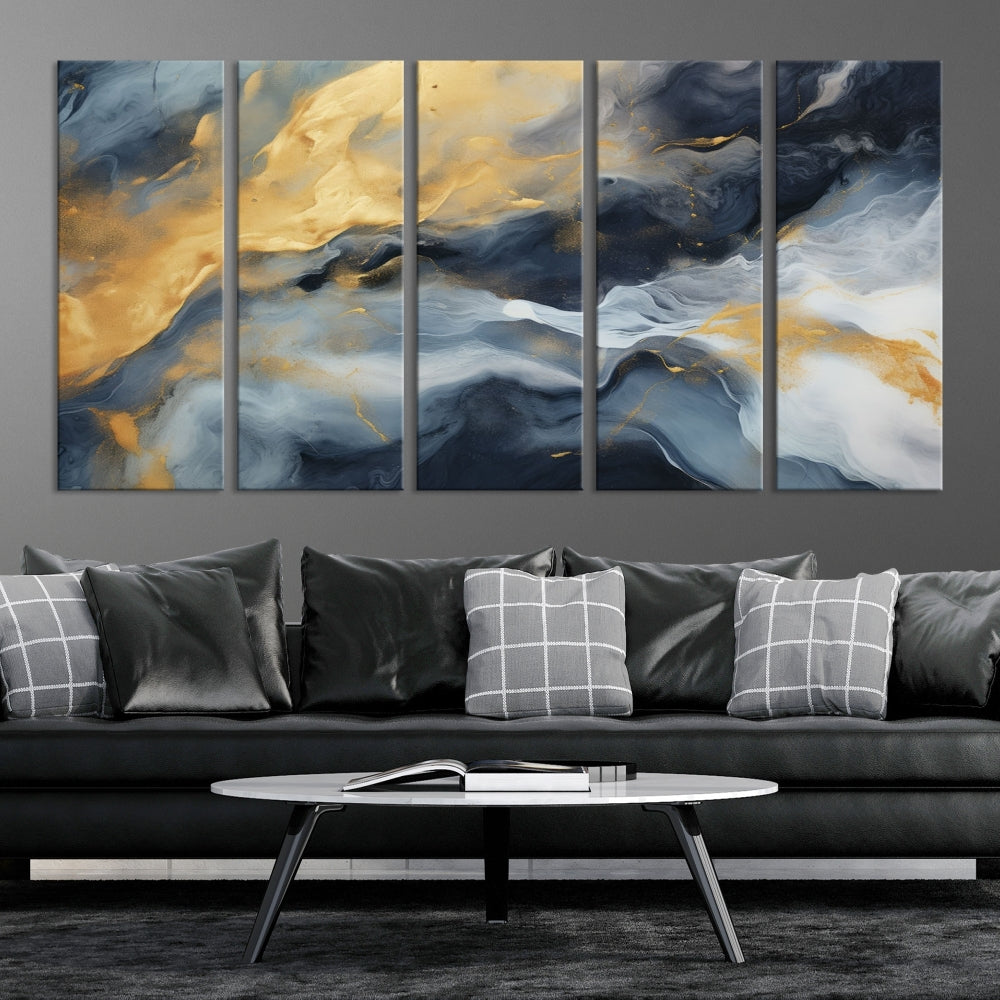 Abstract Canvas Wall Art, Marble Print, Gold Blue Wall Decor, Modern Painting, Set of Printed