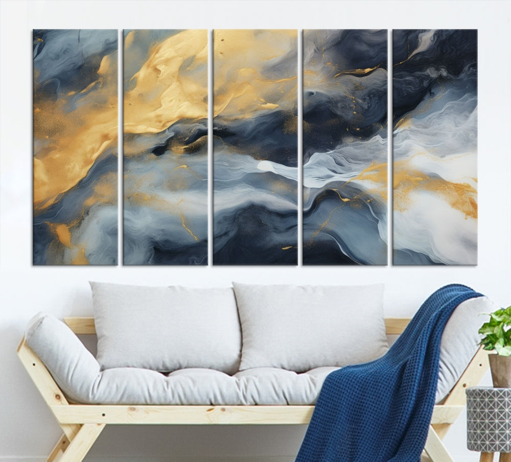 Abstract Canvas Wall Art, Marble Print, Gold Blue Wall Decor, Modern Painting, Set of Printed