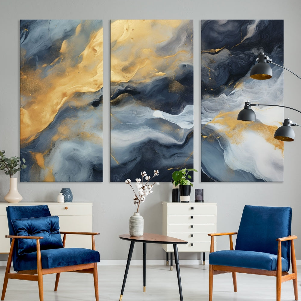 Abstract Canvas Wall Art, Marble Print, Gold Blue Wall Decor, Modern Painting, Set of Printed