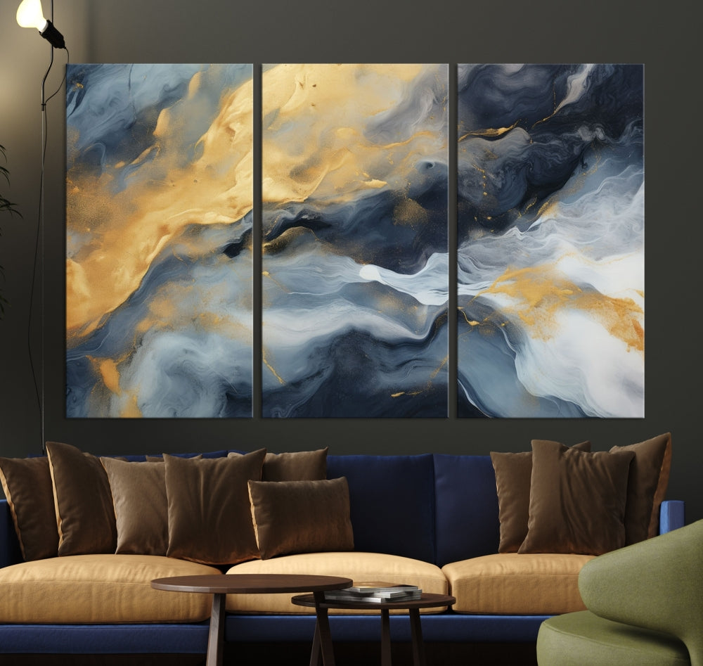 Abstract Canvas Wall Art, Marble Print, Gold Blue Wall Decor, Modern Painting, Set of Printed