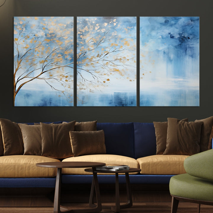 Abstract Cedar Canvas Painting Blue And Yellow Tree Colorful Large Framed Wall Art Print