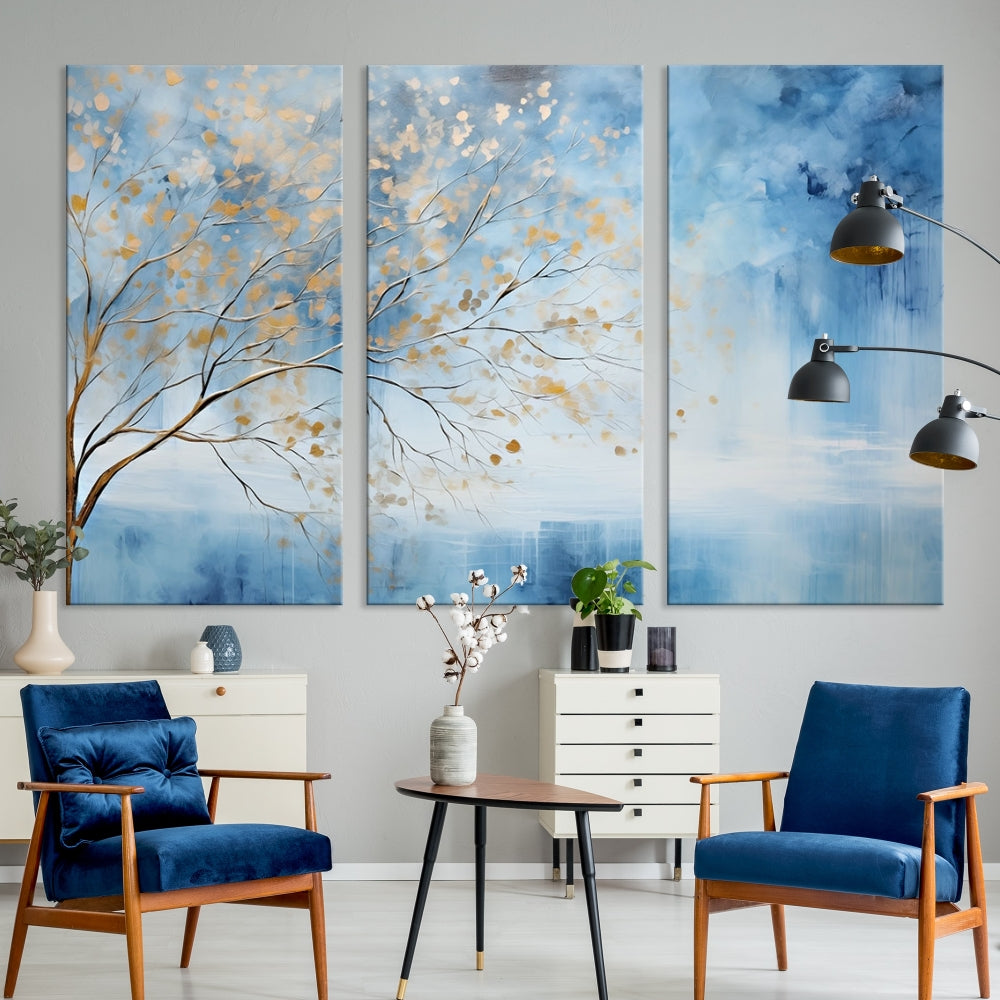 Abstract Cedar Canvas Painting Blue And Yellow Tree Colorful Large Framed Wall Art Print