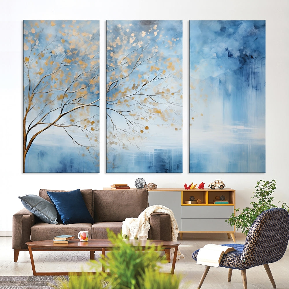 Abstract Cedar Canvas Painting Blue And Yellow Tree Colorful Large Framed Wall Art Print