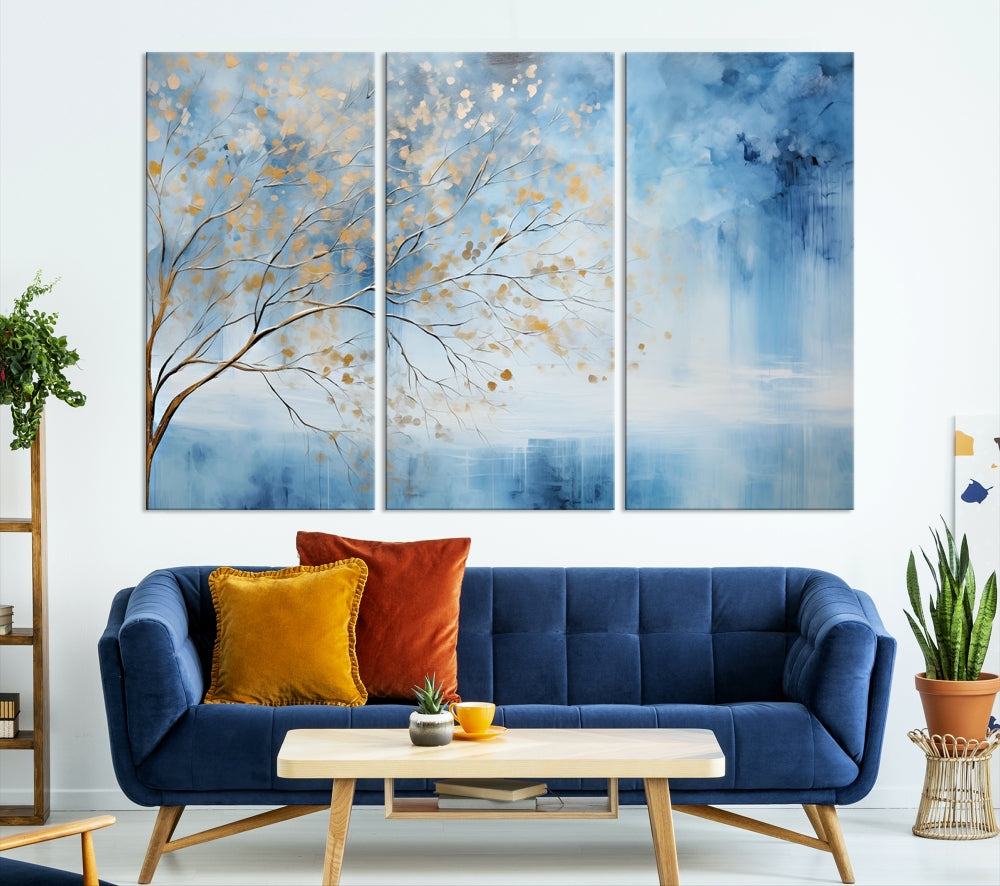 Abstract Cedar Canvas Painting Blue And Yellow Tree Colorful Large Framed Wall Art Print