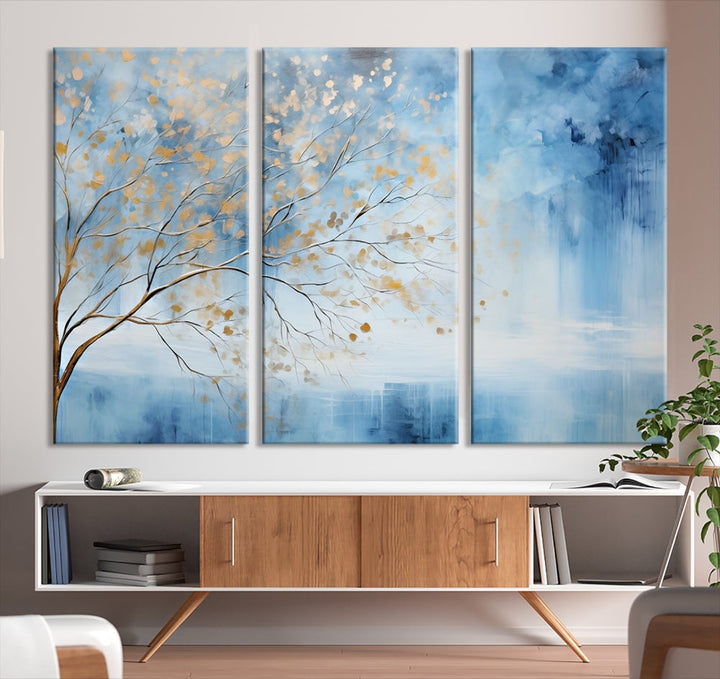 Abstract Cedar Canvas Painting Blue And Yellow Tree Colorful Large Framed Wall Art Print