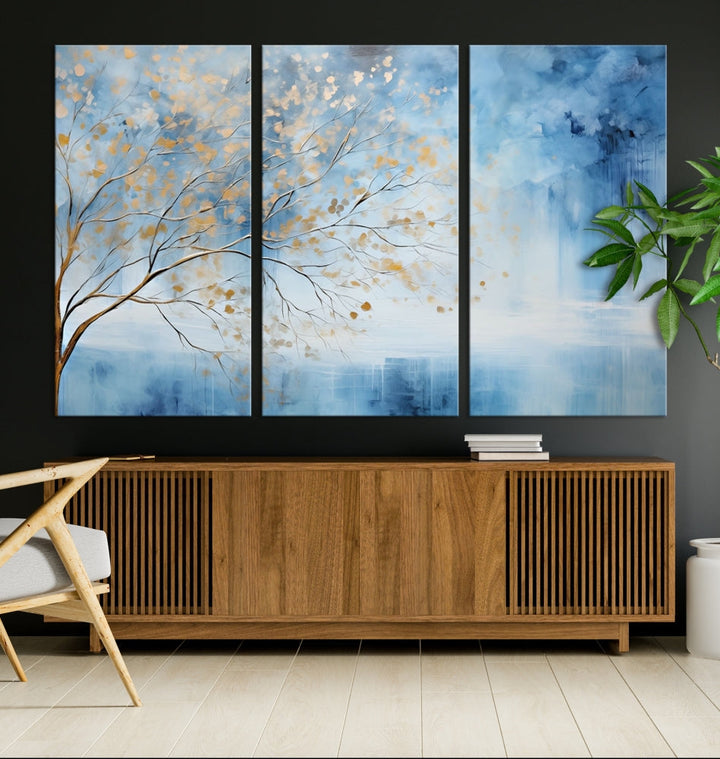 Abstract Cedar Canvas Painting Blue And Yellow Tree Colorful Large Framed Wall Art Print