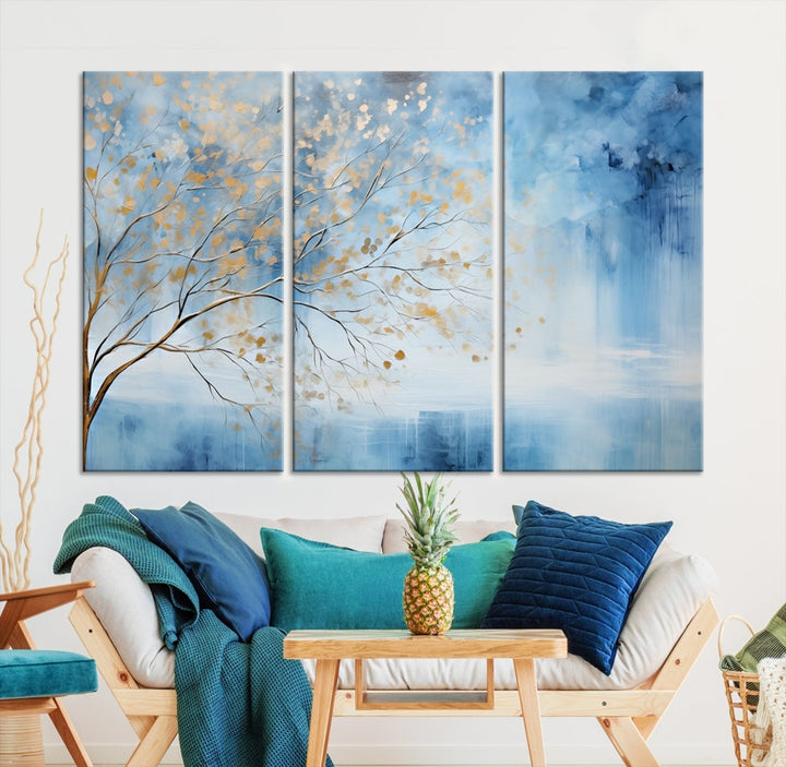 Abstract Cedar Canvas Painting Blue And Yellow Tree Colorful Large Framed Wall Art Print