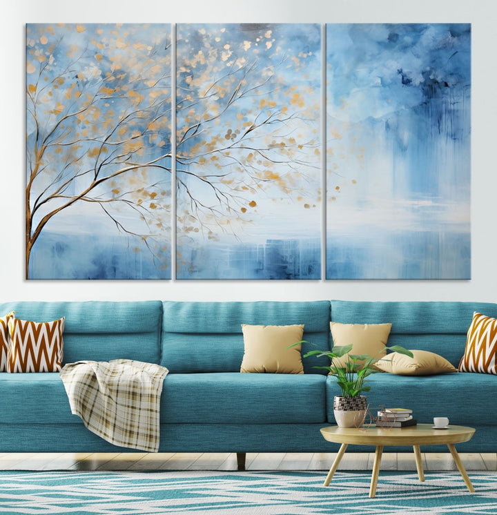 Abstract Cedar Canvas Painting Blue And Yellow Tree Colorful Large Framed Wall Art Print