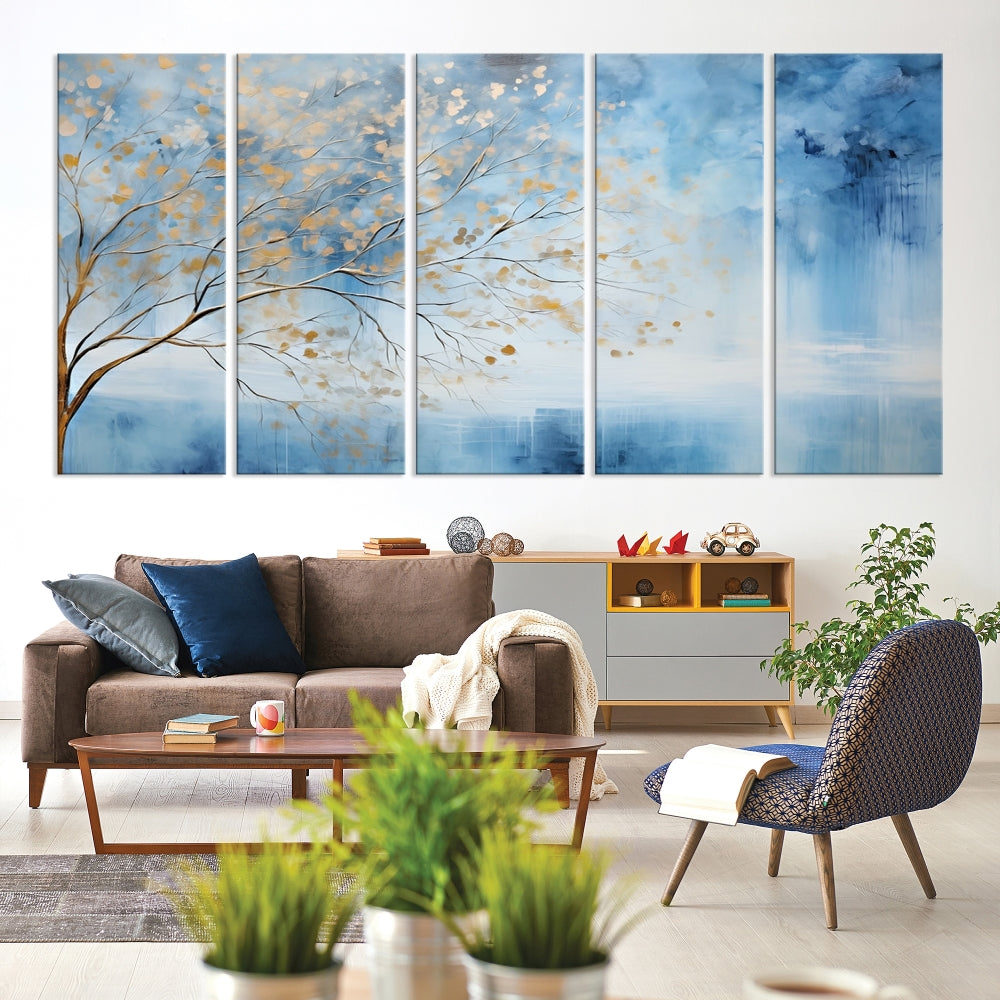 Abstract Cedar Canvas Painting Blue And Yellow Tree Colorful Large Framed Wall Art Print