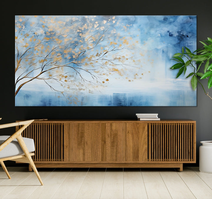 Abstract Cedar Canvas Painting Blue And Yellow Tree Colorful Large Framed Wall Art Print