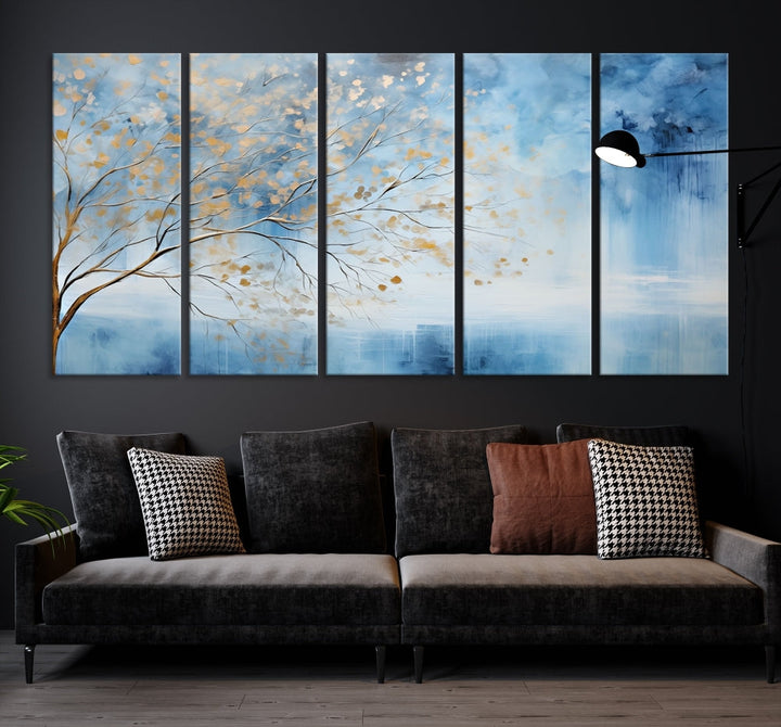 Abstract Cedar Canvas Painting Blue And Yellow Tree Colorful Large Framed Wall Art Print