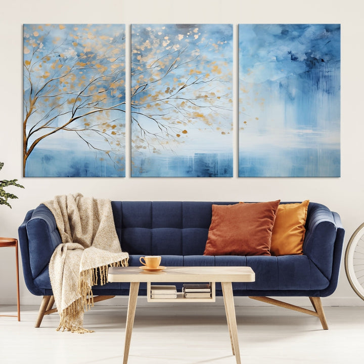 Abstract Cedar Canvas Painting Blue And Yellow Tree Colorful Large Framed Wall Art Print