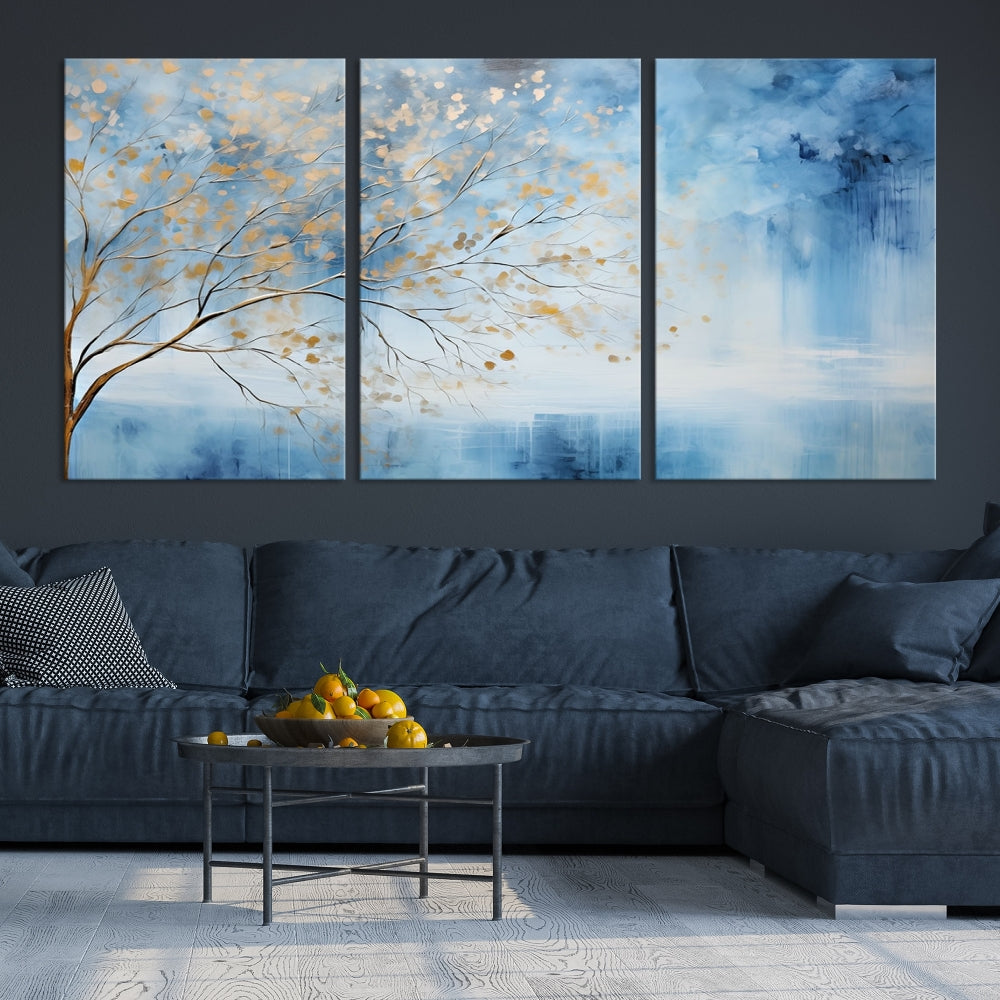 Abstract Cedar Canvas Painting Blue And Yellow Tree Colorful Large Framed Wall Art Print