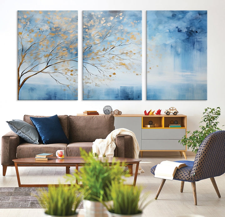 Abstract Cedar Canvas Painting Blue And Yellow Tree Colorful Large Framed Wall Art Print