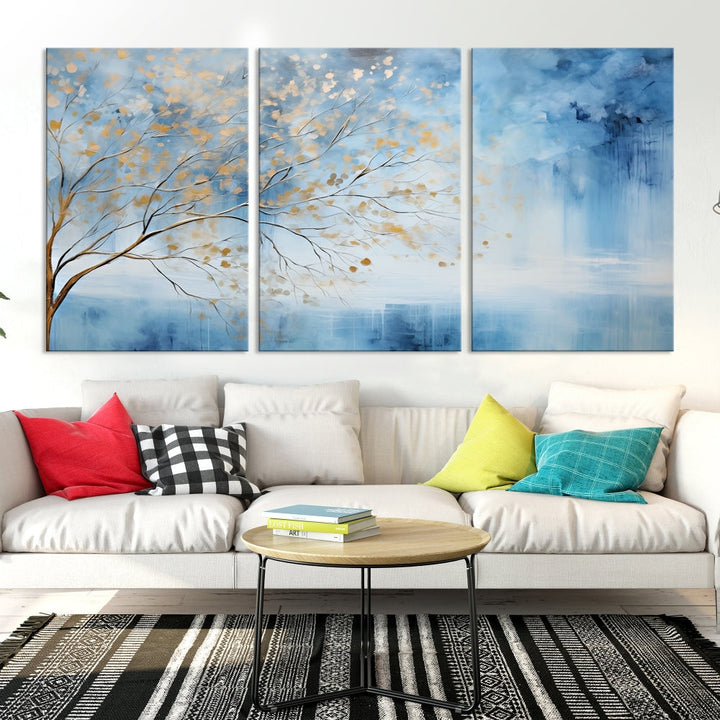 Abstract Cedar Canvas Painting Blue And Yellow Tree Colorful Large Framed Wall Art Print