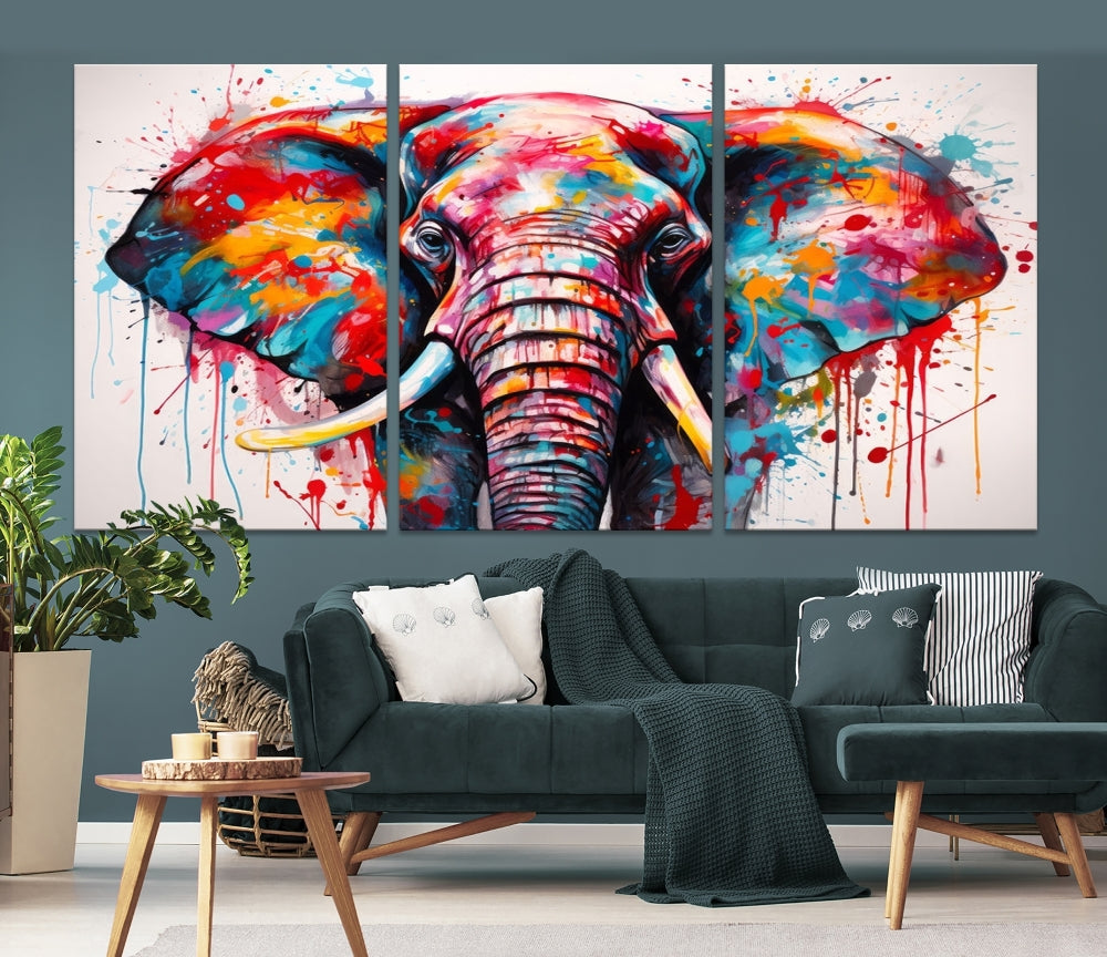 Abstract Elephant Painting Modern Canvas Wall Art Vibrant Colors Print Framed