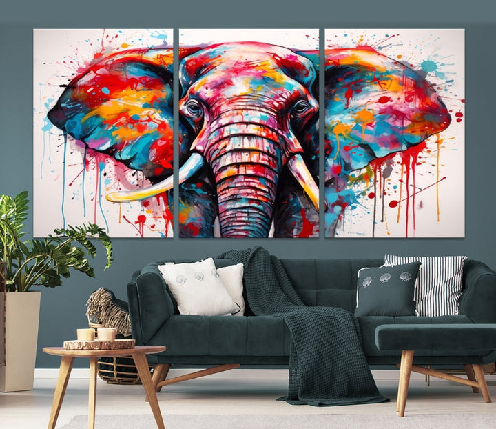 Abstract Elephant Painting Modern Canvas Wall Art Vibrant Colors Print Framed