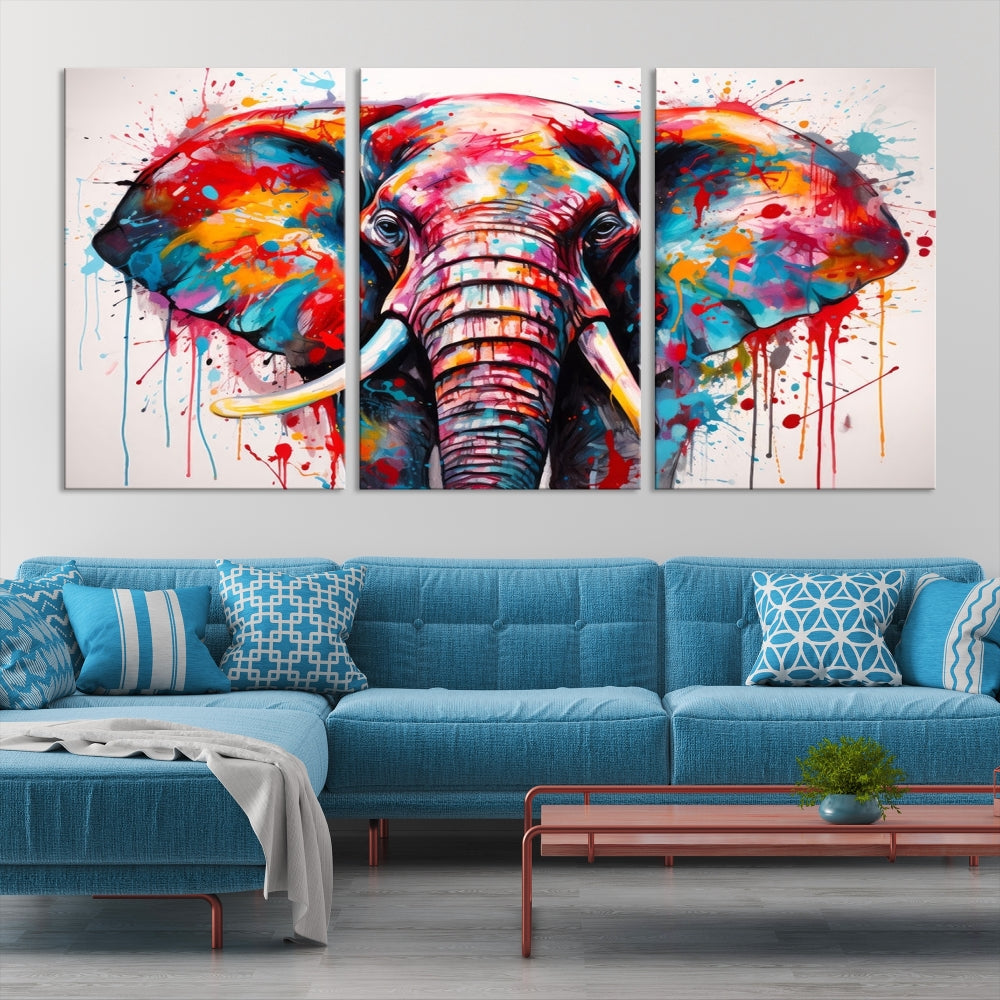 Abstract Elephant Painting Modern Canvas Wall Art Vibrant Colors Print Framed