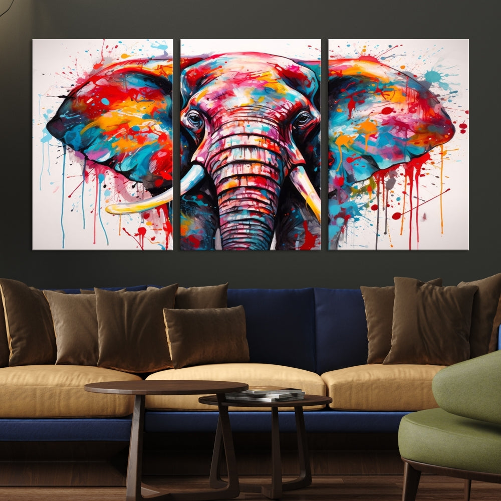 Abstract Elephant Painting Modern Canvas Wall Art Vibrant Colors Print Framed