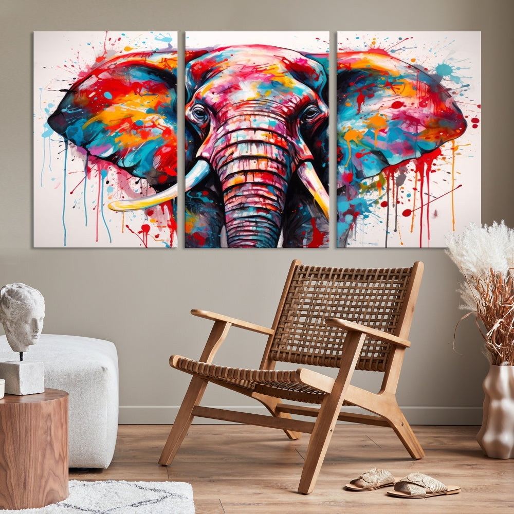 Abstract Elephant Painting Modern Canvas Wall Art Vibrant Colors Print Framed