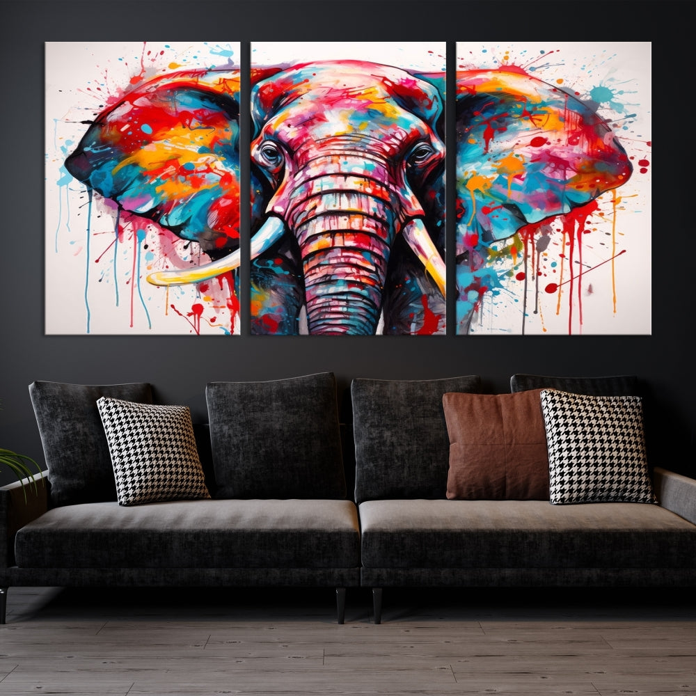 Abstract Elephant Painting Modern Canvas Wall Art Vibrant Colors Print Framed