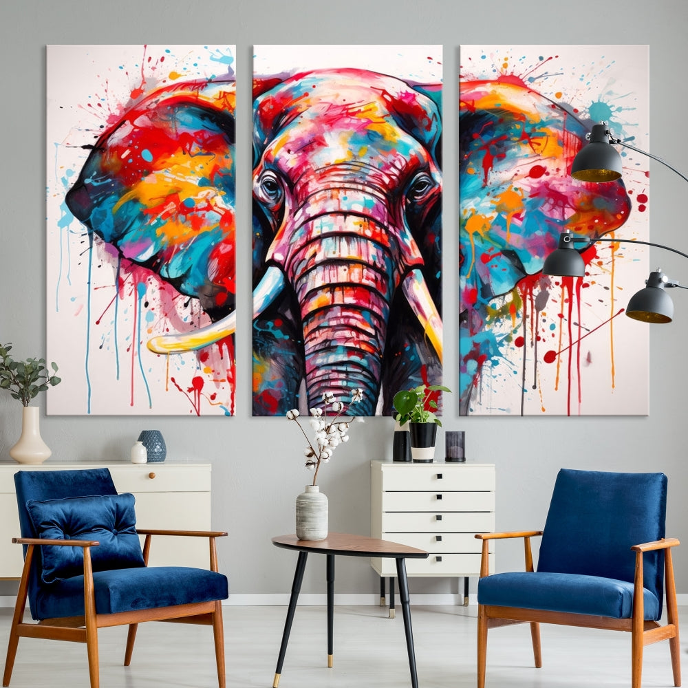 Abstract Elephant Painting Modern Canvas Wall Art Vibrant Colors Print Framed