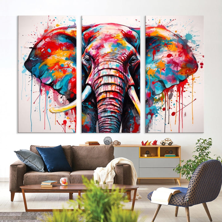 Abstract Elephant Painting Modern Canvas Wall Art Vibrant Colors Print Framed