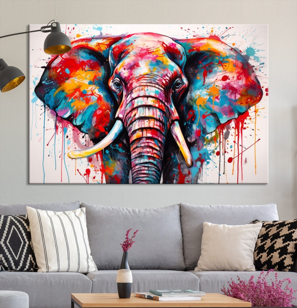 Abstract Elephant Painting Modern Canvas Wall Art Vibrant Colors Print Framed