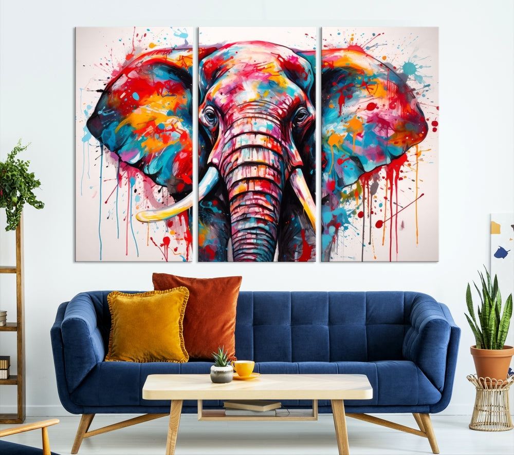 Abstract Elephant Painting Modern Canvas Wall Art Vibrant Colors Print Framed