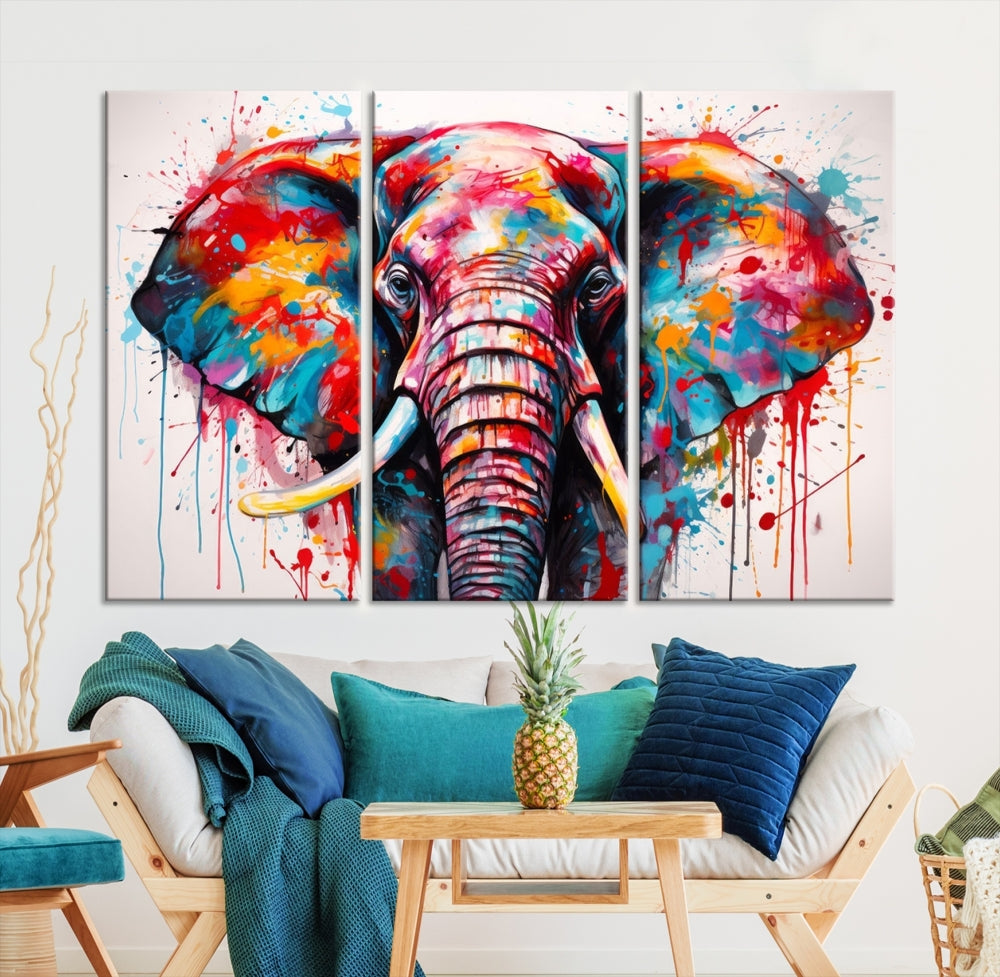 Abstract Elephant Painting Modern Canvas Wall Art Vibrant Colors Print Framed